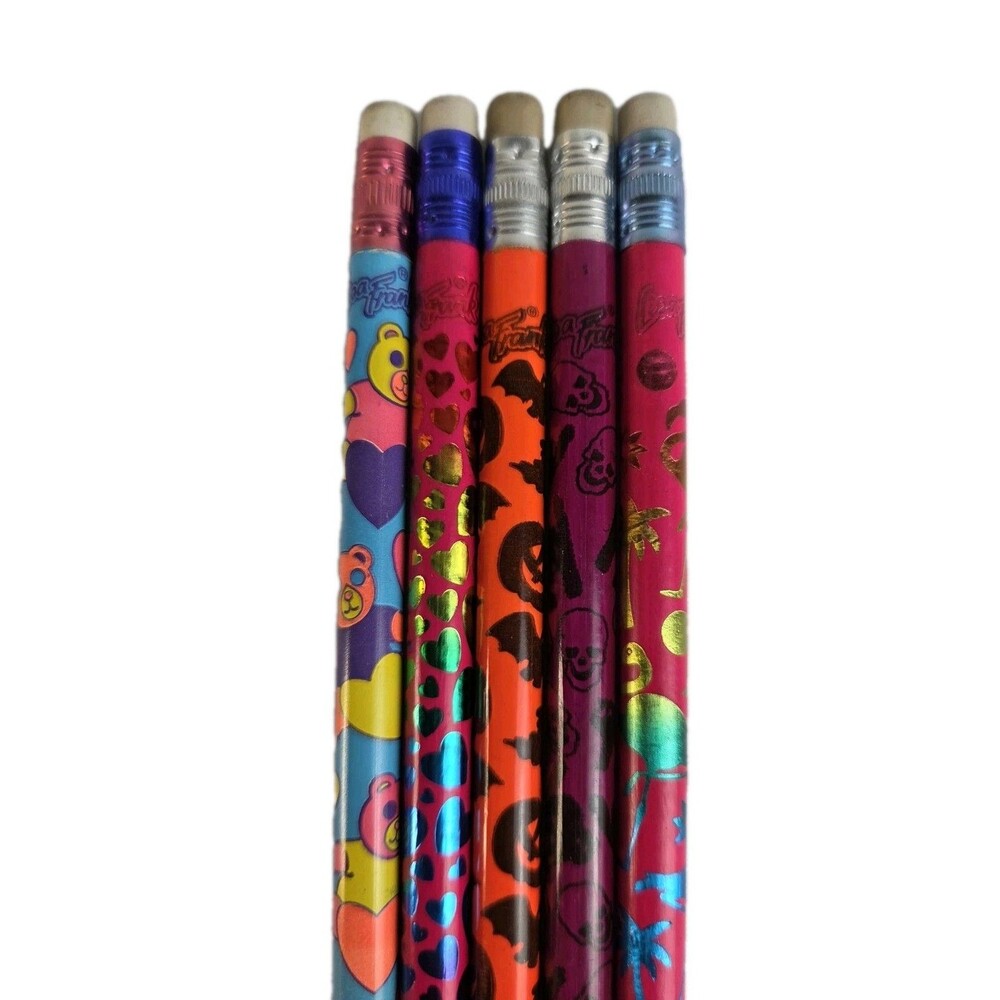 LOT of 5 Vintage 1990s LISA FRANK PENCILS New UNSHARPENED Bear Flamingo Foil ++